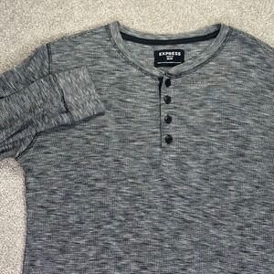 Mens Express Waffle Knit Long Sleeve Henley Thermal Shirt Gray Medium‎ Buttons